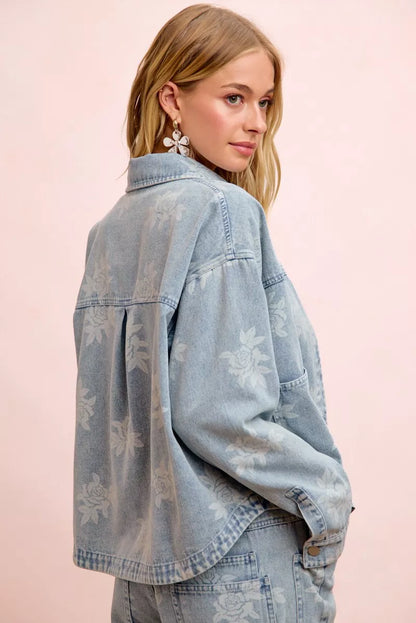 Women's Printed Washed Denim Jacket with Pocket - Jackets