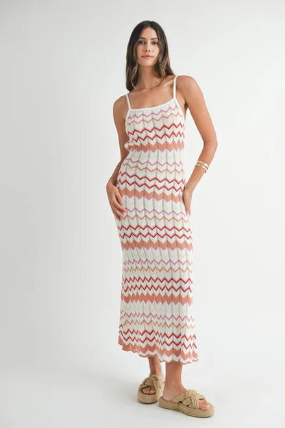 Lightweight Pointelle Chevron Knit Maxi Dress — Delicate Textured Flattering Everyday Style - Salmon Maxi Dresses