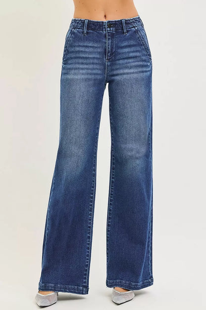 High Rise Wide Leg Jeans with Slanted Pockets - DARK Jeans