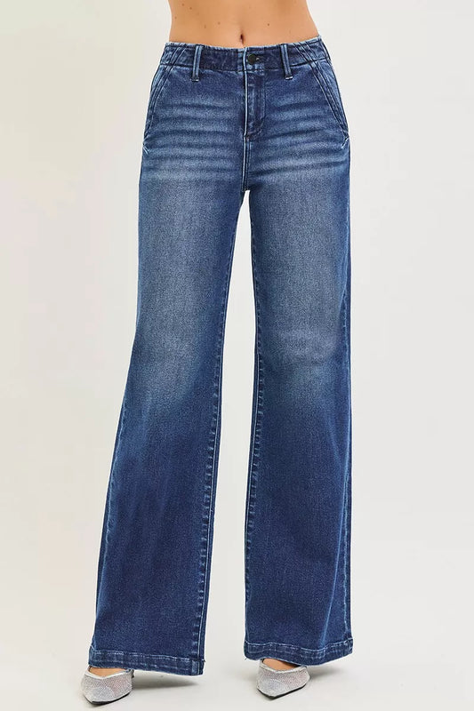 High Rise Wide Leg Jeans with Slanted Pockets - DARK Jeans