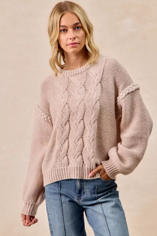 MOCHA Cable Knit Crewneck Sweater with Braided Detail | Trendy Sweaters Outfit Idea for Women by Ro + Ivy | Elevated Basics, Modern Comfort & Style
