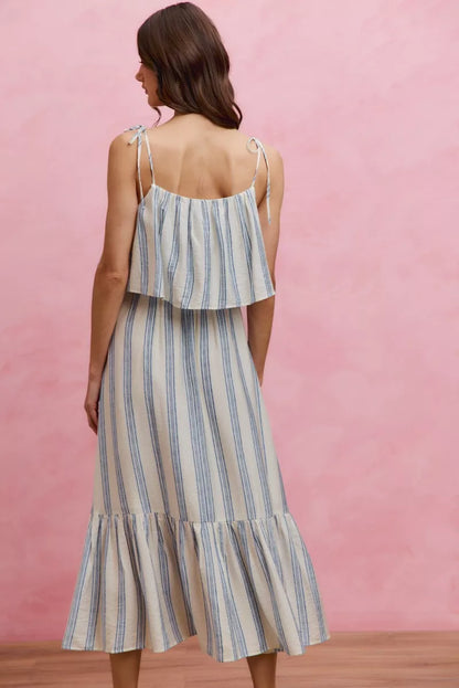 Women's Striped Tiered Shoulder Tie Midi Dress - Midi Dresses