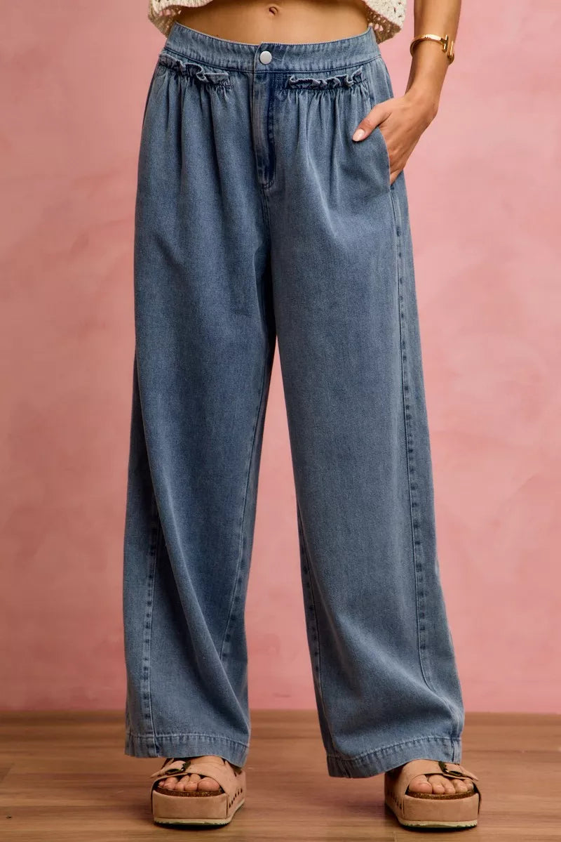 Women's Ruffle Front Mid Rise Wide Leg Jeans - Jeans
