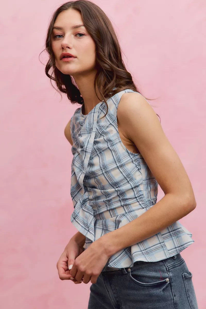 Women's Plaid Sleeveless Ruffle Peplum Top - Tops