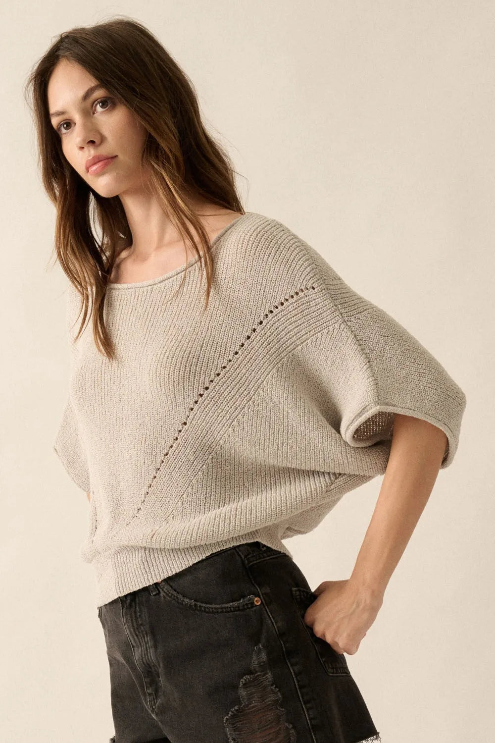 Oversized Dolman Sleeve Knit Top with Textured Knit - Knit Tops