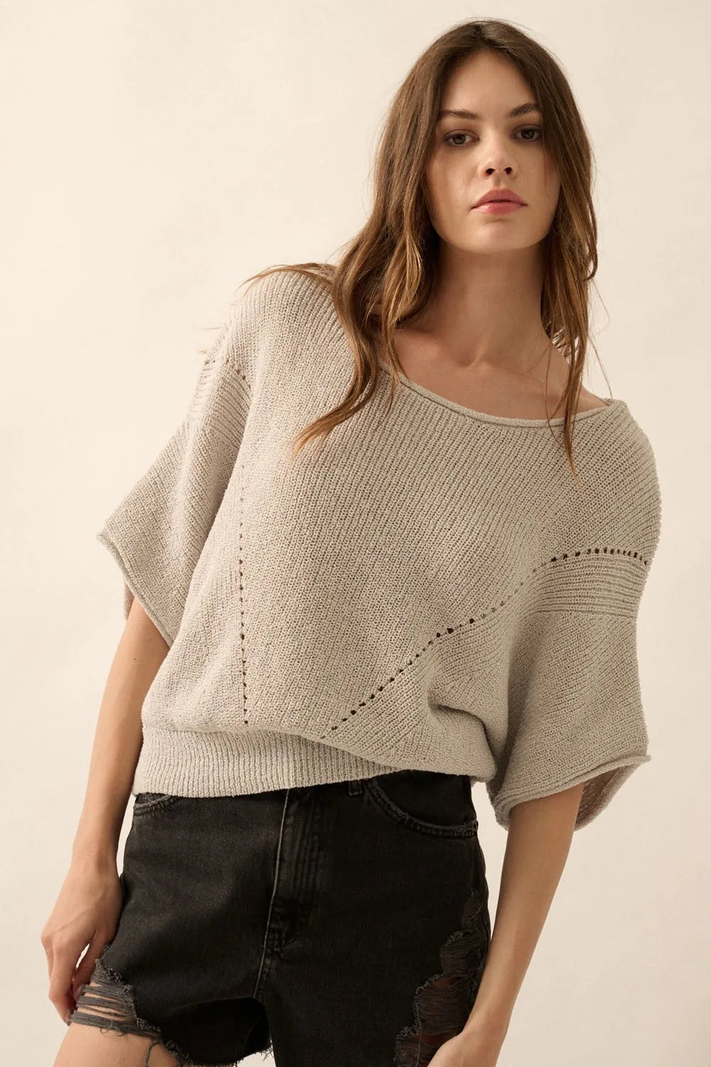 Oversized Dolman Sleeve Knit Top with Textured Knit - Silver Grey Knit Tops