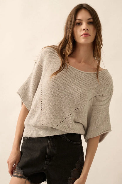 Oversized Dolman Sleeve Knit Top with Textured Knit - Silver Grey Knit Tops