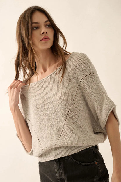 Oversized Dolman Sleeve Knit Top with Textured Knit - Knit Tops