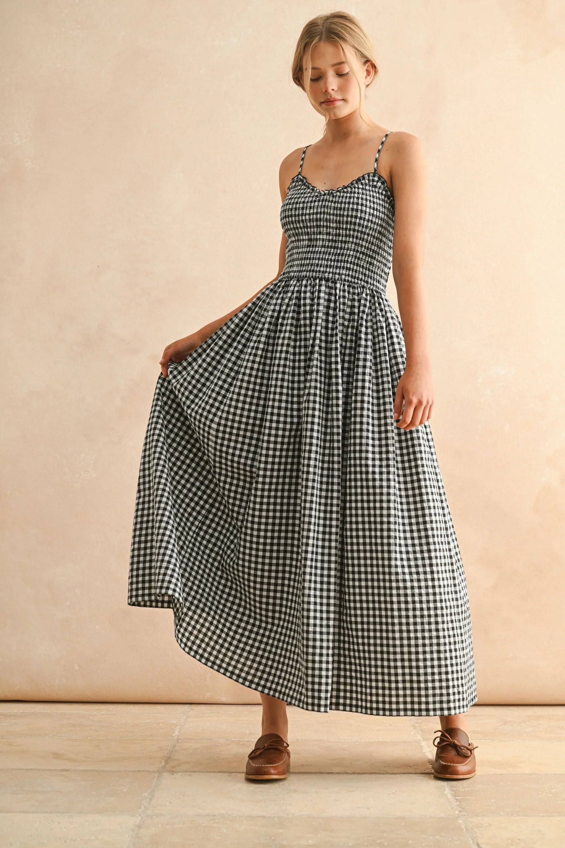 Gingham Smocked Bodice Ruffle Trim Spaghetti Strap Maxi Dress — Romantic Breezy Sunny Style - Black Maxi Dresses