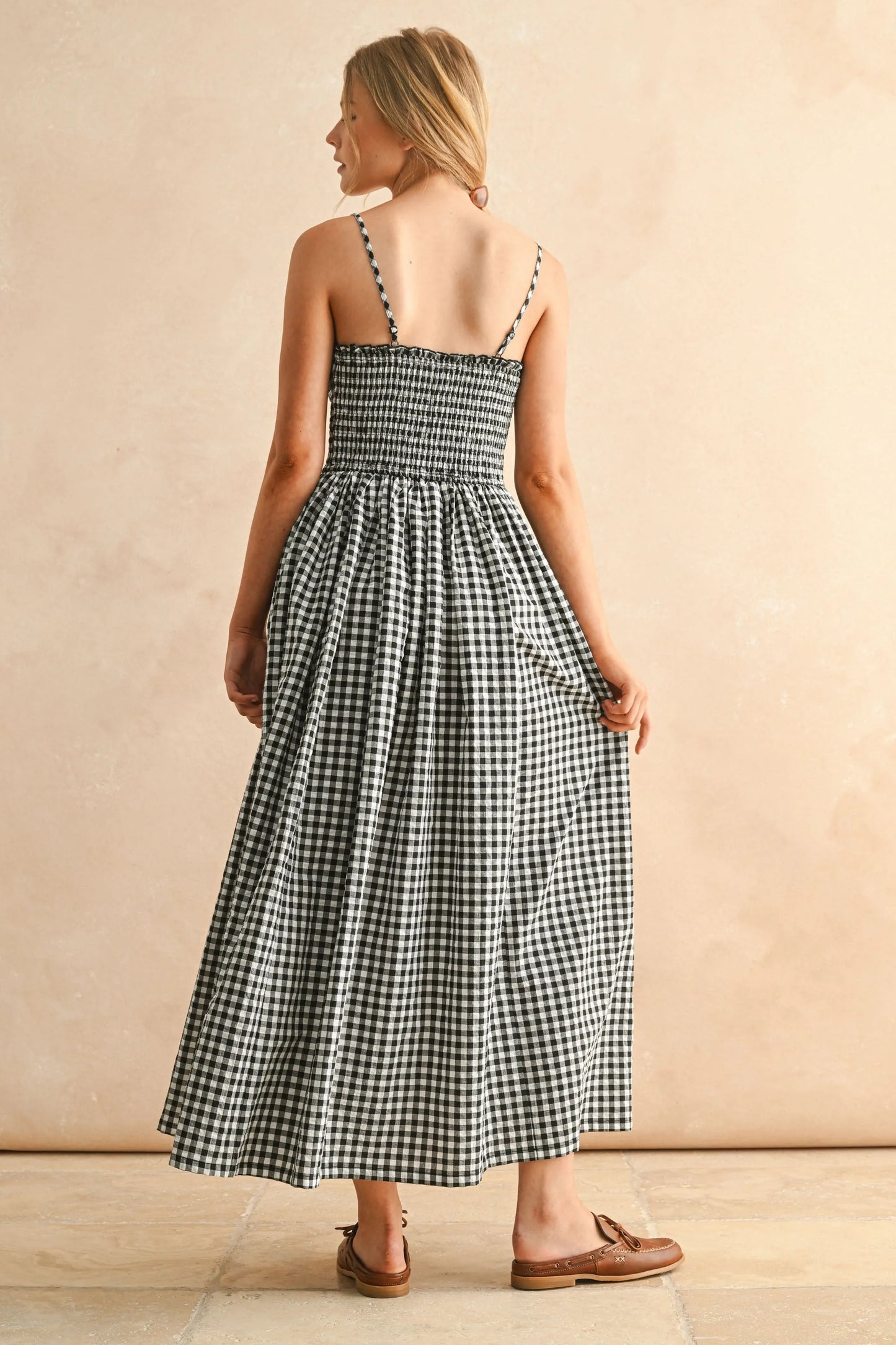 Gingham Smocked Bodice Ruffle Trim Spaghetti Strap Maxi Dress — Romantic Breezy Sunny Style - Maxi Dresses