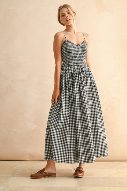 Gingham Smocked Bodice Ruffle Trim Spaghetti Strap Maxi Dress — Romantic Breezy Sunny Style - Maxi Dresses