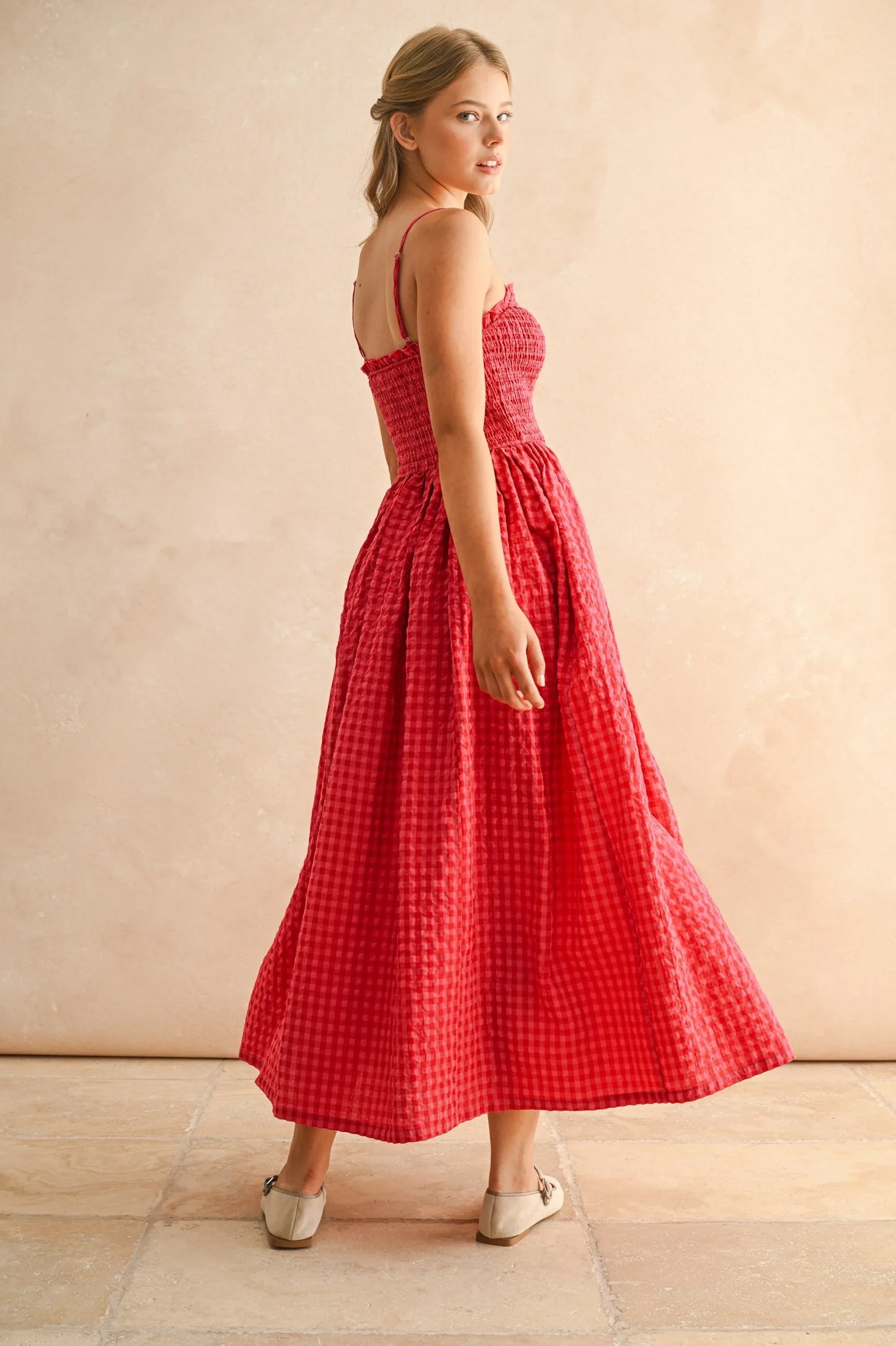 Gingham Smocked Bodice Ruffle Trim Spaghetti Strap Maxi Dress — Romantic Breezy Sunny Style - Maxi Dresses