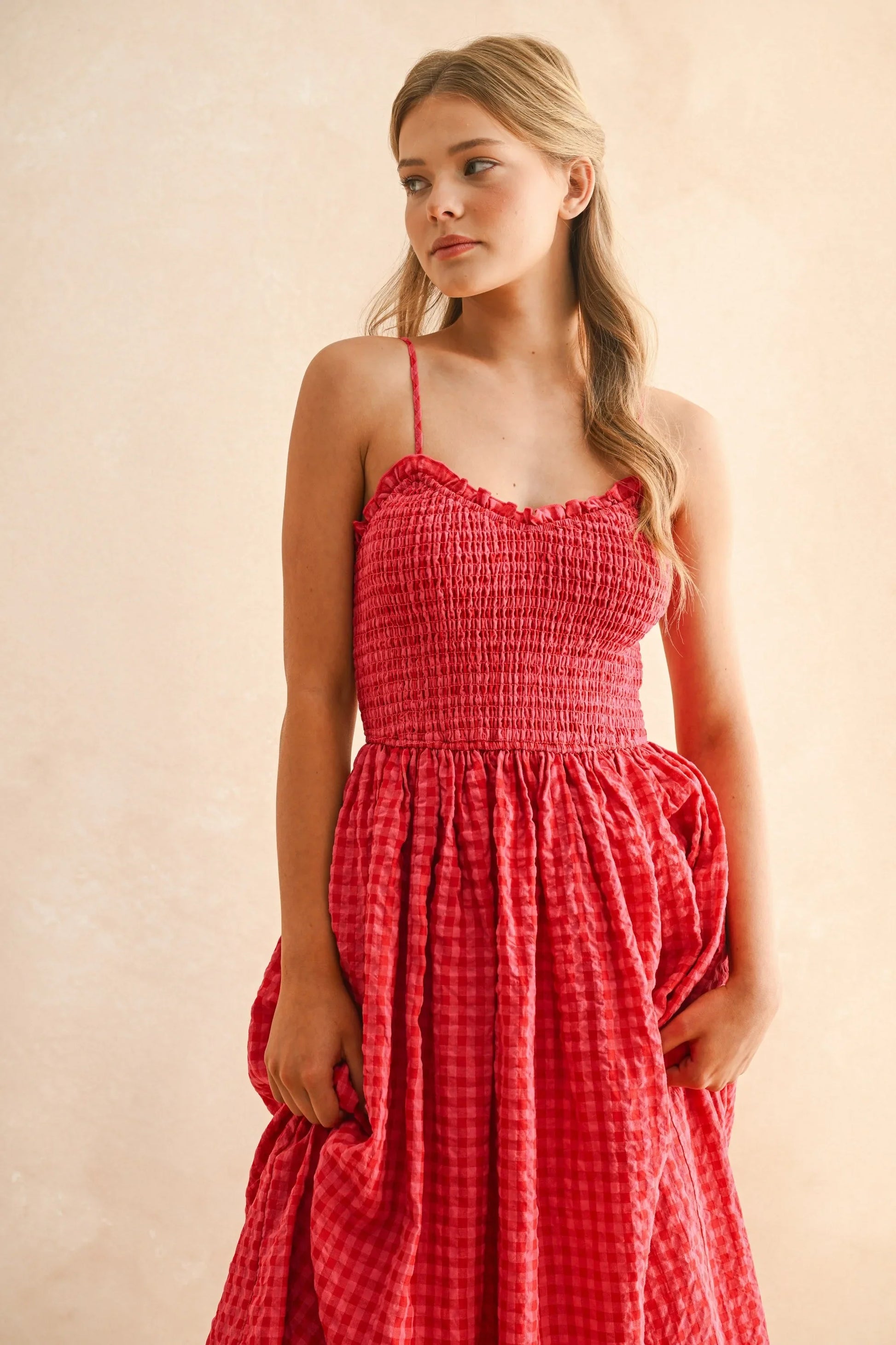 Gingham Smocked Bodice Ruffle Trim Spaghetti Strap Maxi Dress — Romantic Breezy Sunny Style - Maxi Dresses