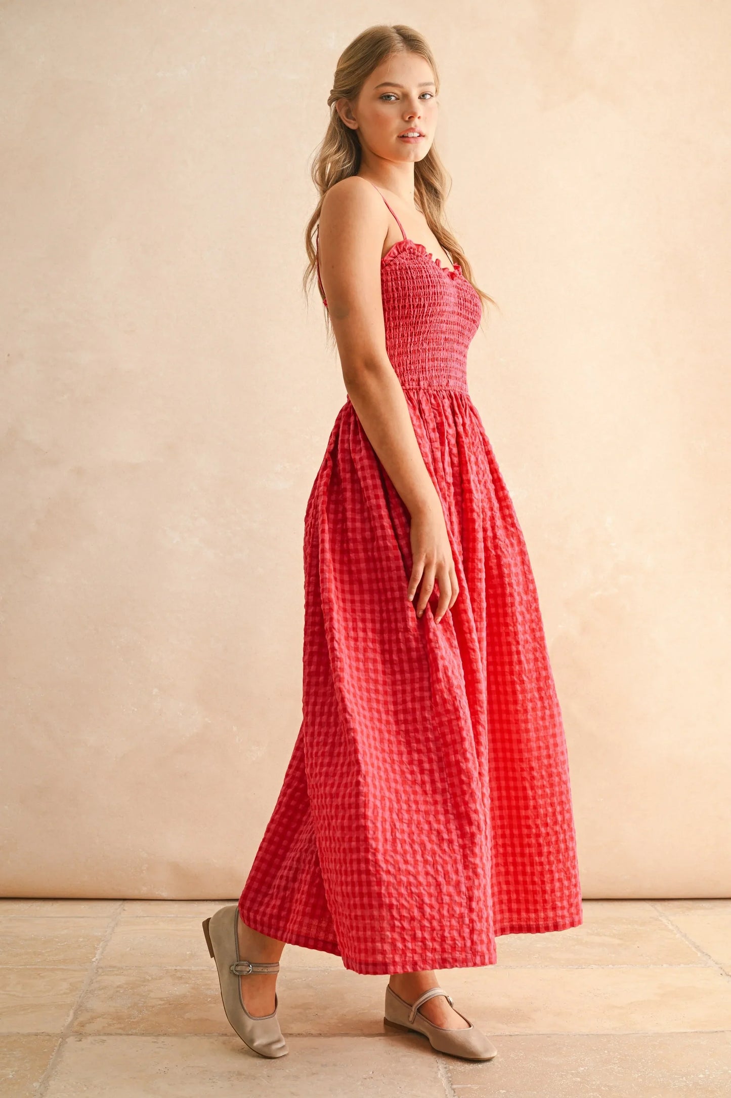 Gingham Smocked Bodice Ruffle Trim Spaghetti Strap Maxi Dress — Romantic Breezy Sunny Style - Maxi Dresses
