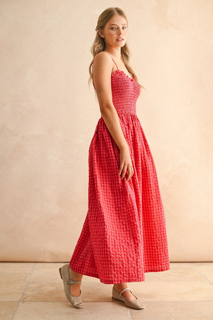 Gingham Smocked Bodice Ruffle Trim Spaghetti Strap Maxi Dress — Romantic Breezy Sunny Style - Maxi Dresses