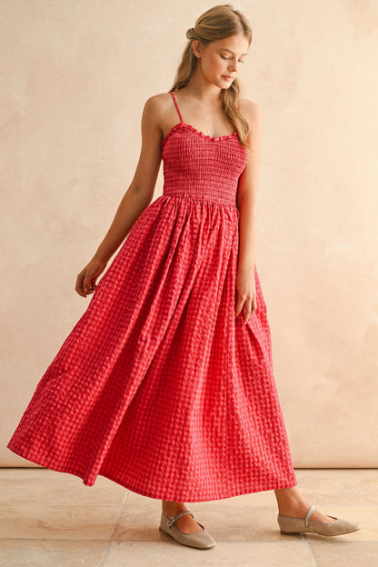 Gingham Smocked Bodice Ruffle Trim Spaghetti Strap Maxi Dress — Romantic Breezy Sunny Style - Cherry Maxi Dresses