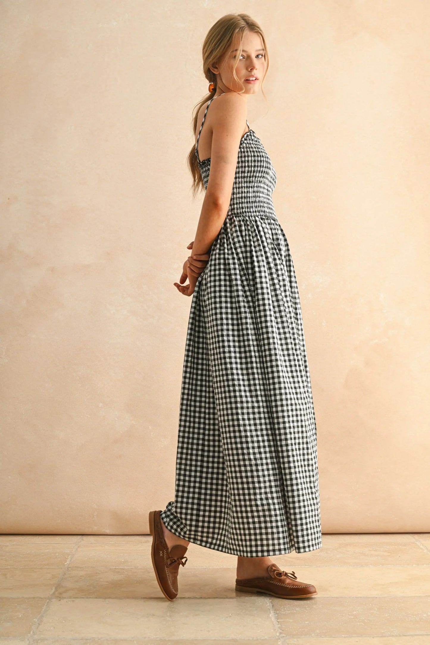 Gingham Smocked Bodice Ruffle Trim Spaghetti Strap Maxi Dress — Romantic Breezy Sunny Style - Maxi Dresses