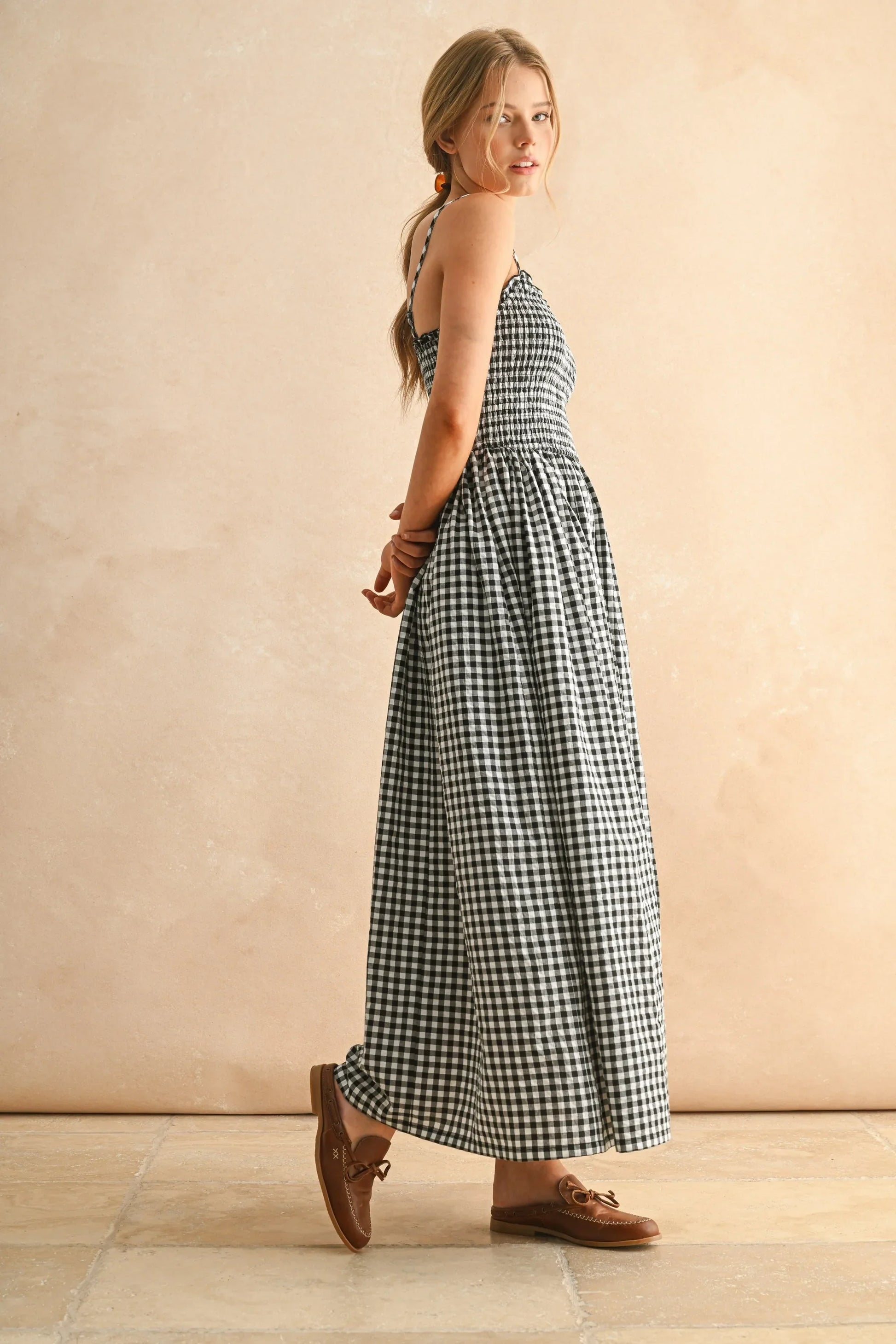Gingham Smocked Bodice Ruffle Trim Spaghetti Strap Maxi Dress — Romantic Breezy Sunny Style - Maxi Dresses