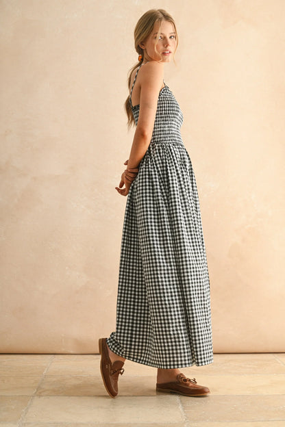 Gingham Smocked Bodice Ruffle Trim Spaghetti Strap Maxi Dress — Romantic Breezy Sunny Style - Maxi Dresses