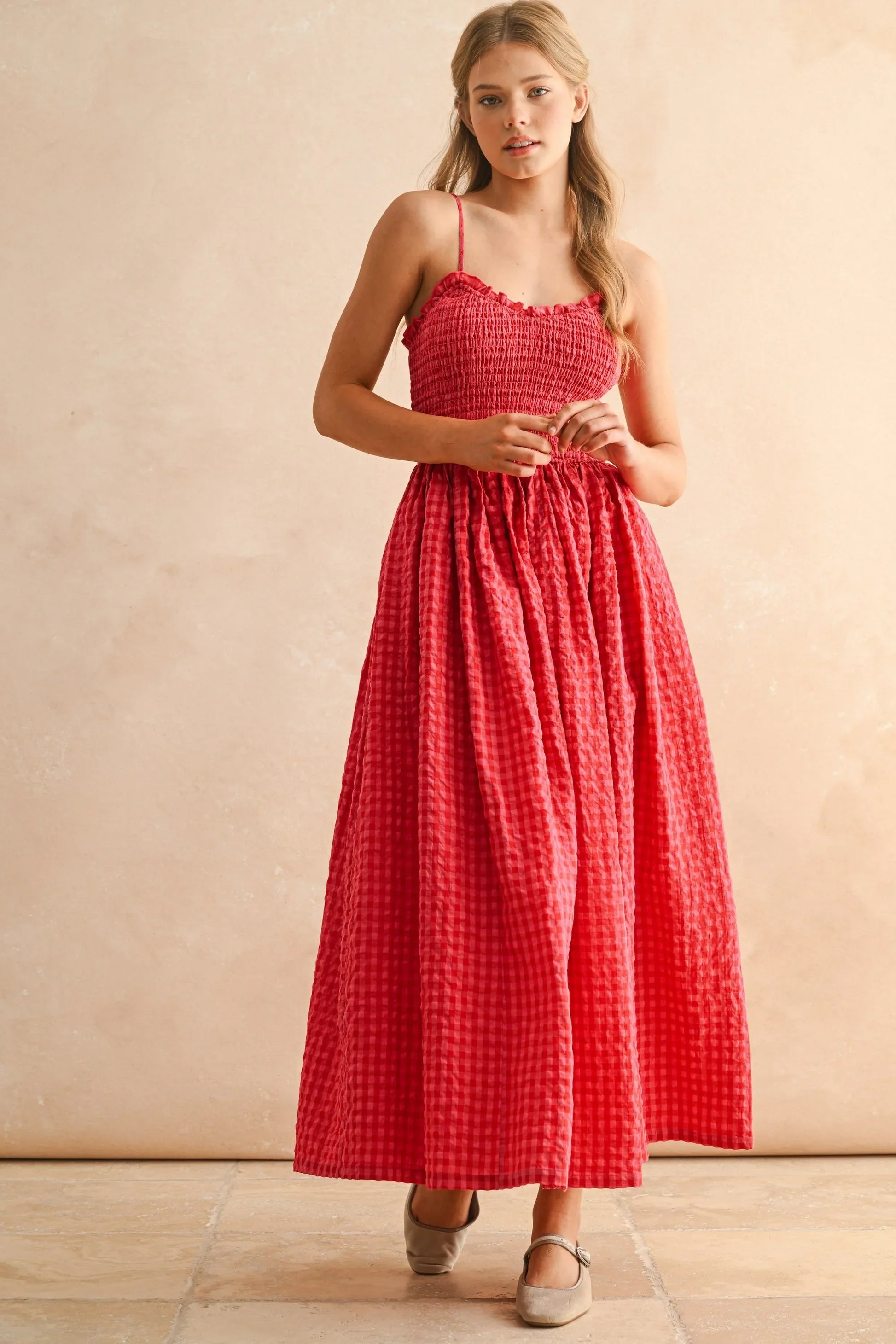 Gingham Smocked Bodice Ruffle Trim Spaghetti Strap Maxi Dress — Romantic Breezy Sunny Style - Maxi Dresses