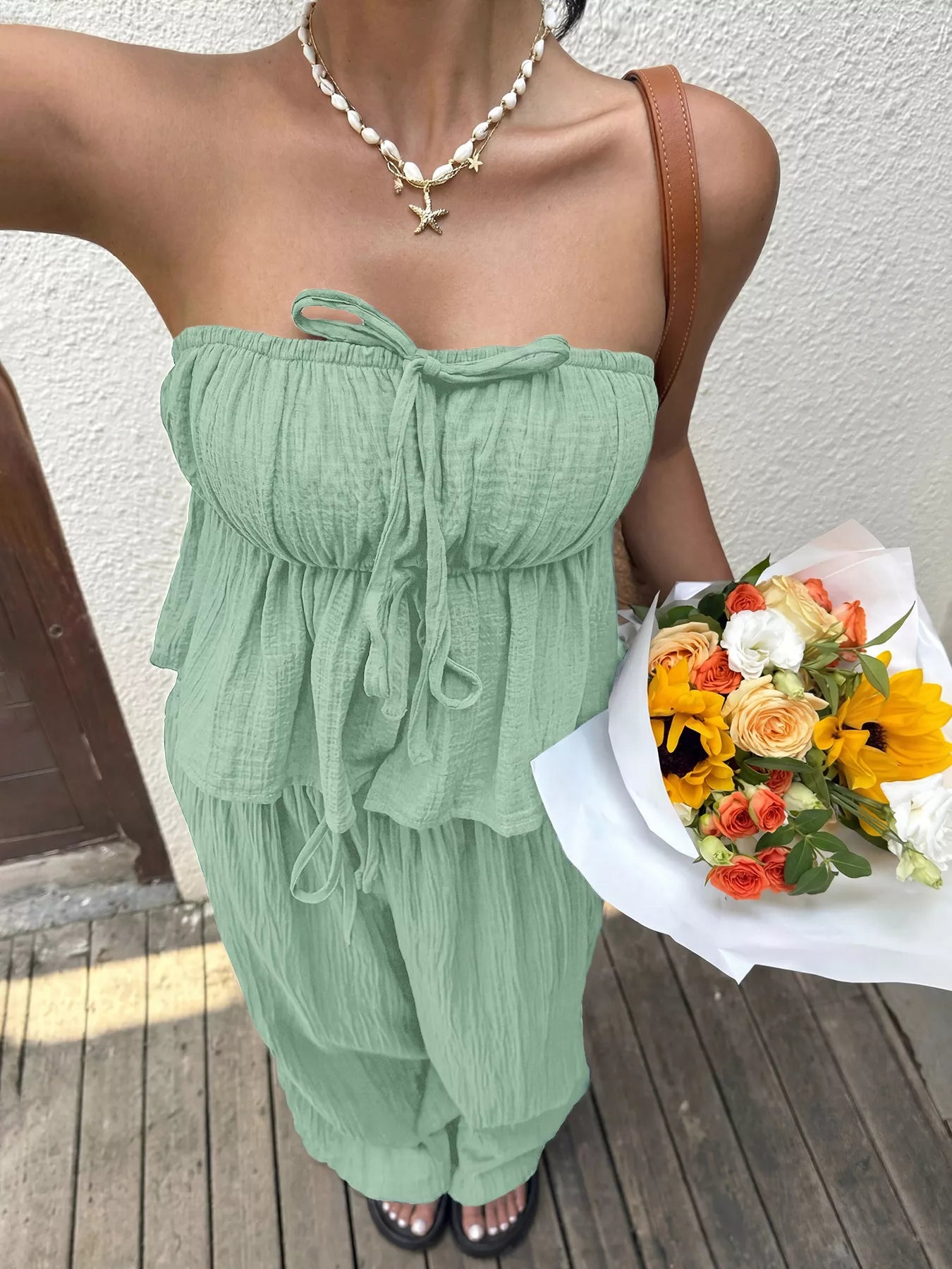 Women's Tube Top and Wide Leg Pants Set - Matching Sets