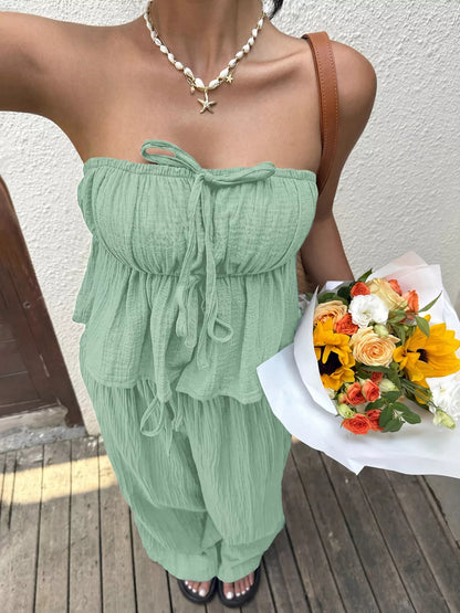 Women's Tube Top and Wide Leg Pants Set - Matching Sets