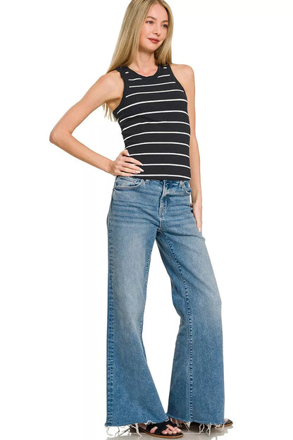 Striped Round Neck Racerback Tank Top in Black - Tank Tops