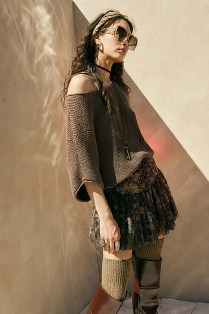 Oversized Dolman Sleeve Knit Top with Textured Knit - Knit Tops