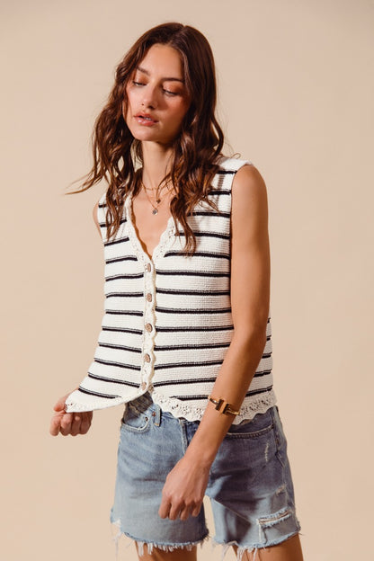 Striped Crochet Trim Button-Down Knit Sweater Vest — Lightweight Versatile Everyday Style - Knit Vests