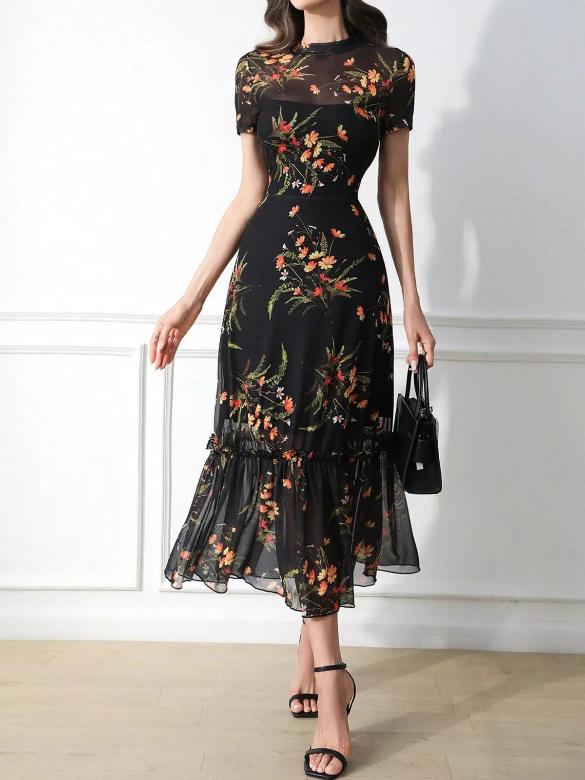 Floral Print Bodycon Midi Dress with Sheer Overlay and Ruffle Hem