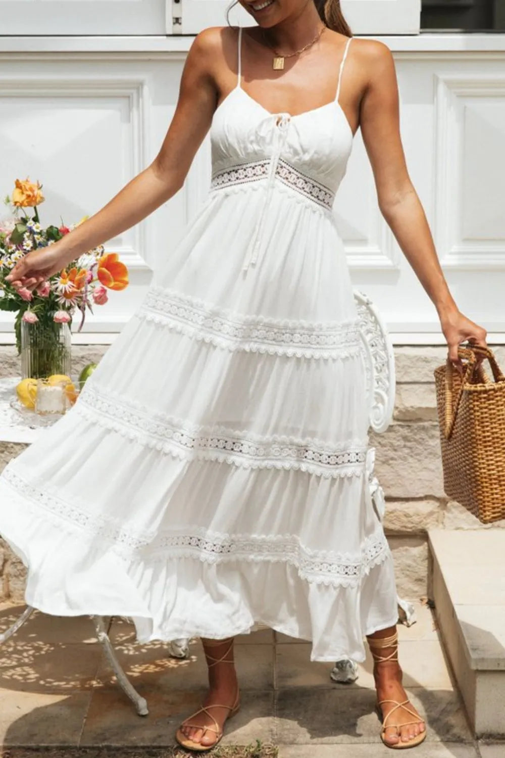 Lace Detail Smocked Midi Cami Dress - Midi Dresses