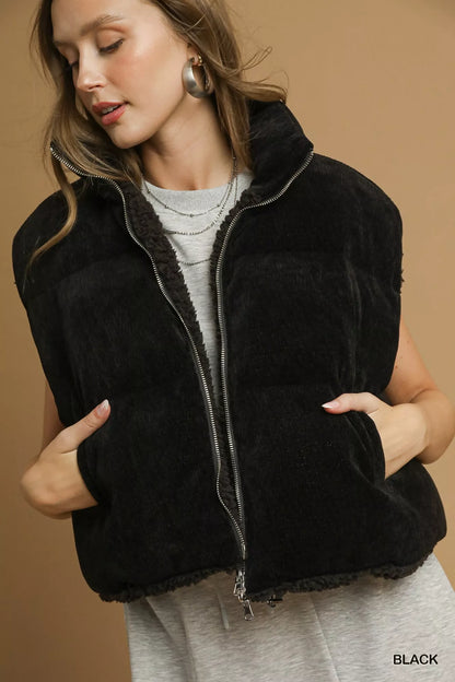 Drawstring Hem Sherpa-Lined Zip Up Vest in Black | Trendy Vests Outfit Idea for Women by Ro + Ivy | Elevated Basics, Modern Comfort & Style