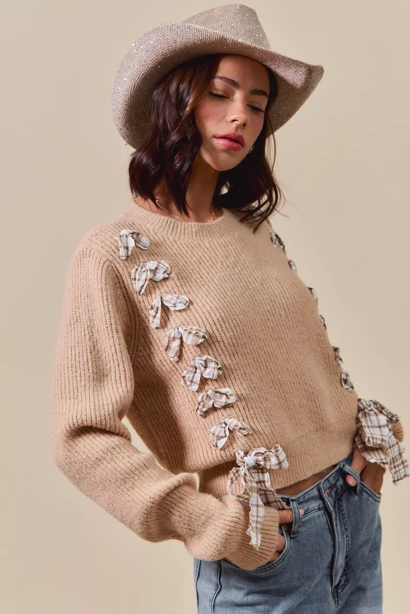 Checkered Plaid Tape Lace Up Ribbed Sweater - Sweaters