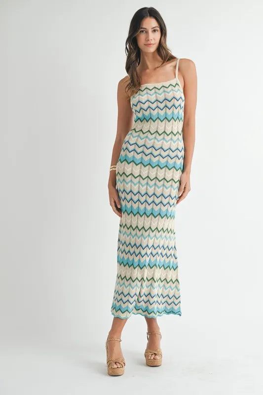 Lightweight Pointelle Chevron Knit Maxi Dress – Aqua outfit idea for women | Ro + Ivy