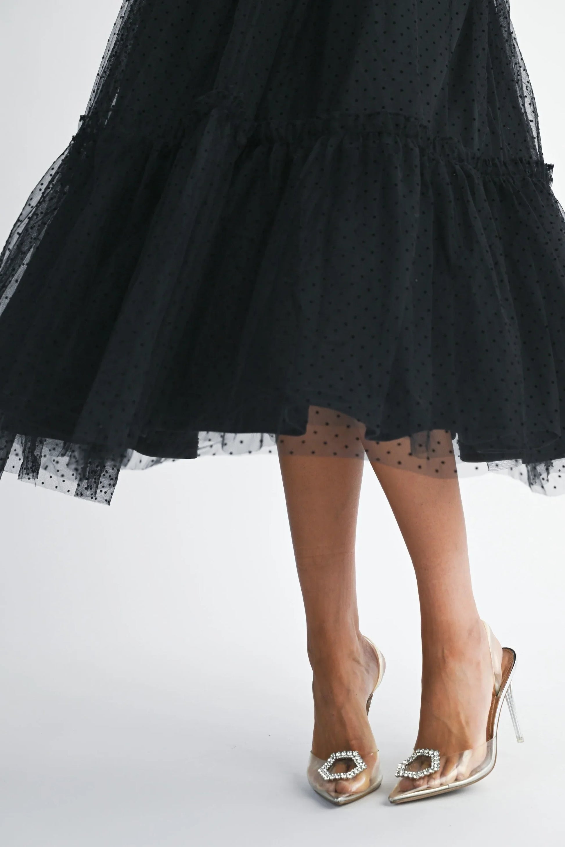 Polka Dot Mesh Sweetheart Neckline Self-Tie Shoulder Midi Dress — Charming Flirty Feminine Style - Midi Dresses