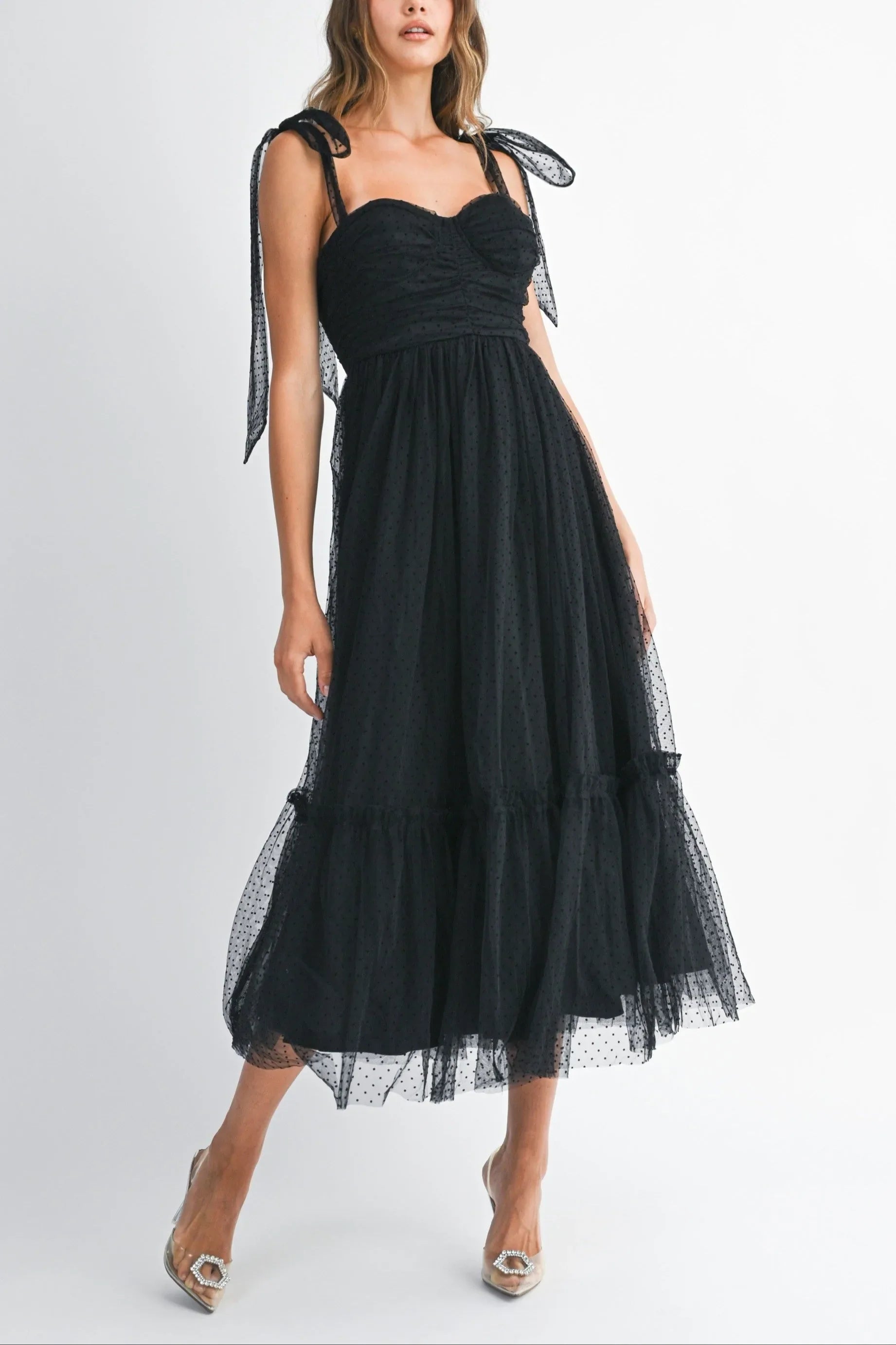 Polka Dot Mesh Sweetheart Neckline Self-Tie Shoulder Midi Dress — Charming Flirty Feminine Style - Midi Dresses