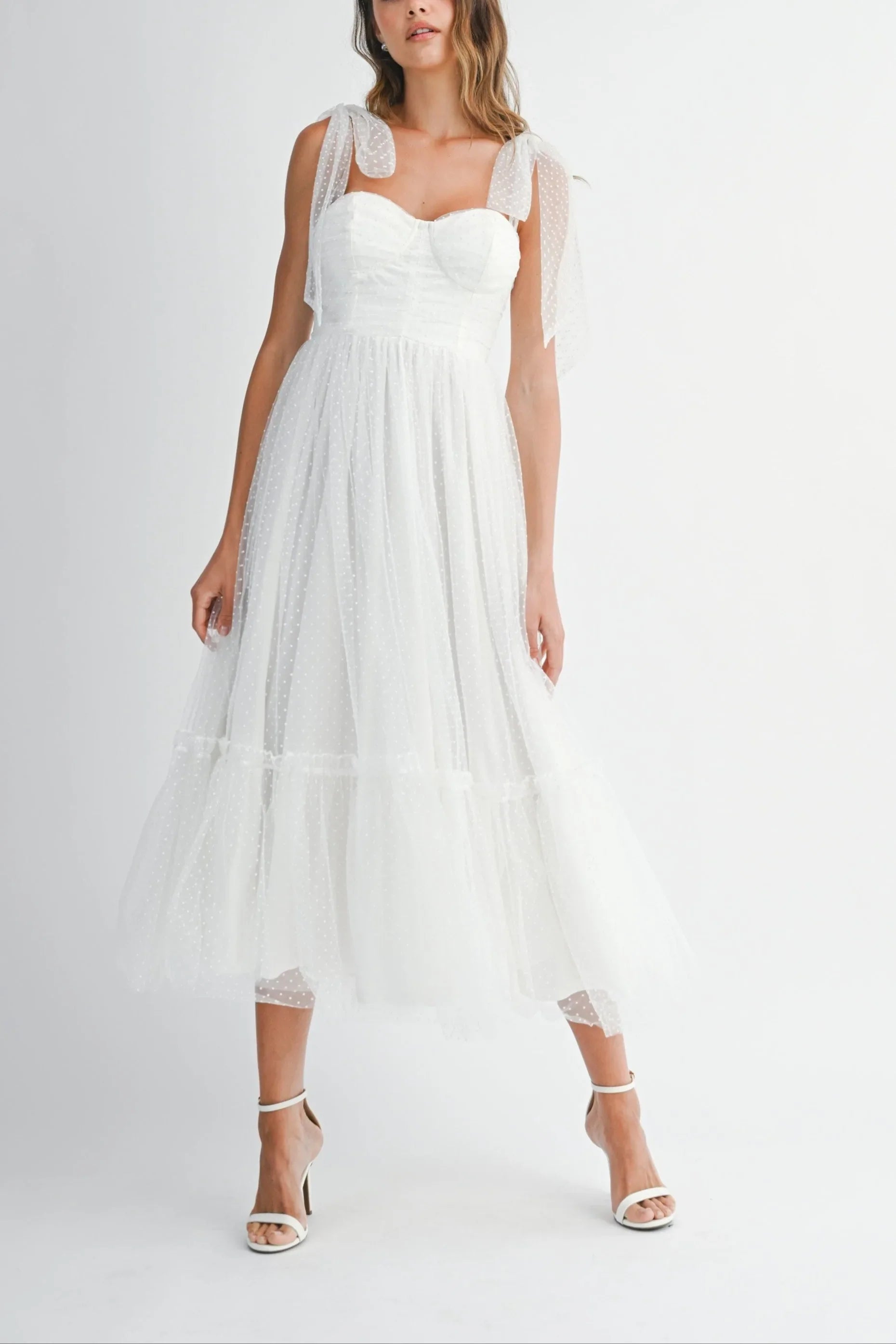 Polka Dot Mesh Sweetheart Neckline Self-Tie Shoulder Midi Dress — Charming Flirty Feminine Style - Midi Dresses