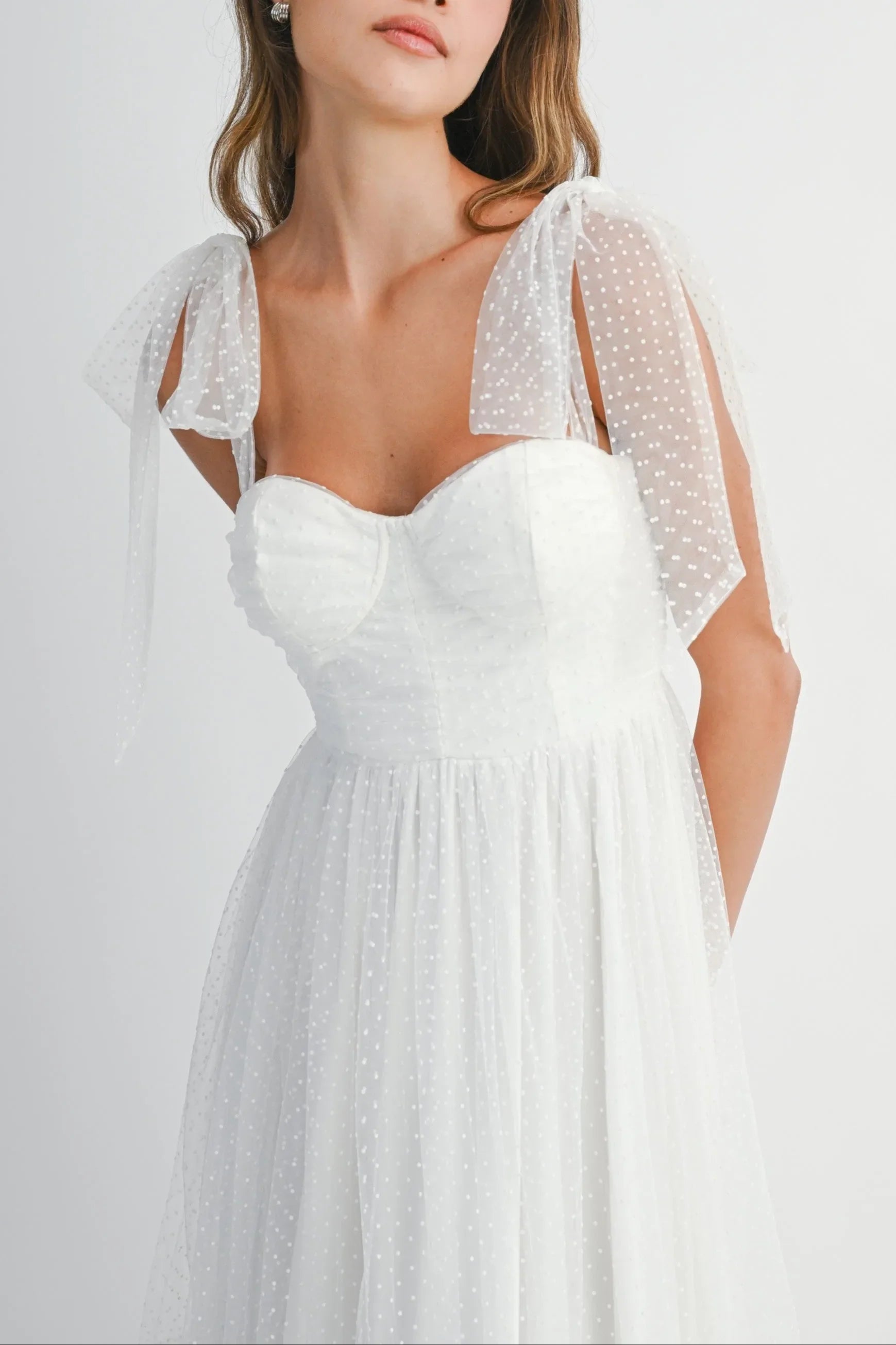 Polka Dot Mesh Sweetheart Neckline Self-Tie Shoulder Midi Dress — Charming Flirty Feminine Style - Midi Dresses