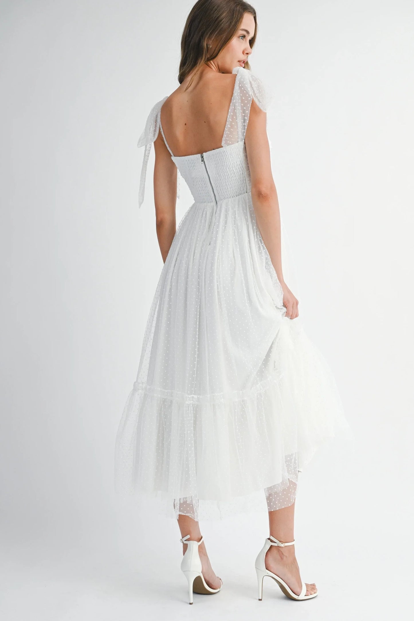 Polka Dot Mesh Sweetheart Neckline Self-Tie Shoulder Midi Dress — Charming Flirty Feminine Style - Midi Dresses