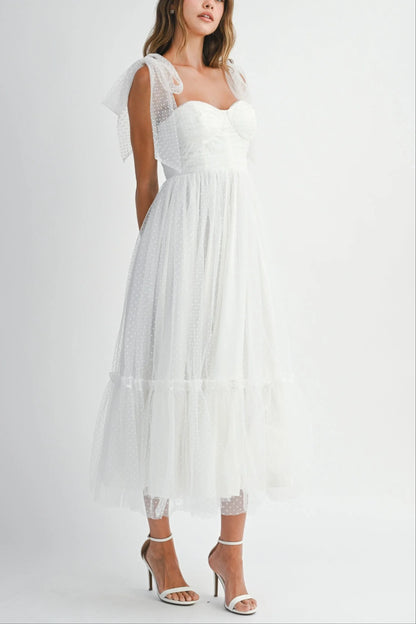 Polka Dot Mesh Sweetheart Neckline Self-Tie Shoulder Midi Dress — Charming Flirty Feminine Style - Midi Dresses