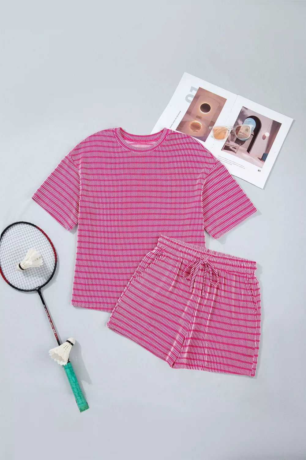 Women's Striped Raised Rib Loose Tee and Drawstring Shorts Set - Matching Sets