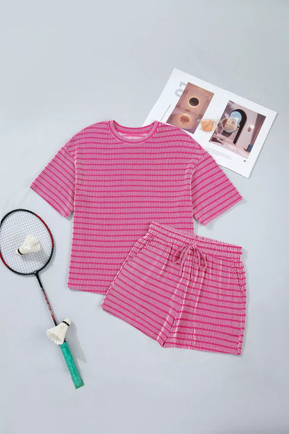 Women's Striped Raised Rib Loose Tee and Drawstring Shorts Set - Matching Sets