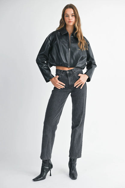 Faux Leather Pleated Hem Cropped Jacket
