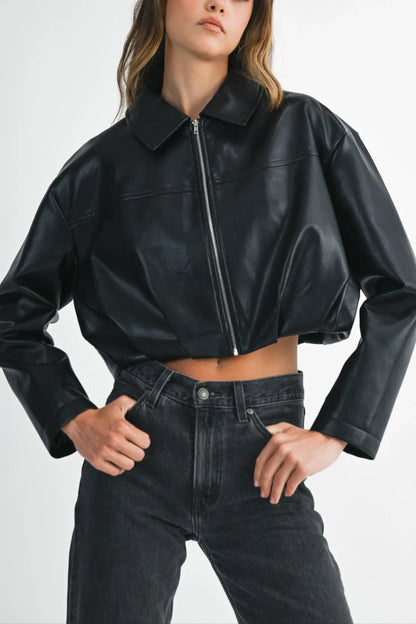 Faux Leather Pleated Hem Cropped Jacket