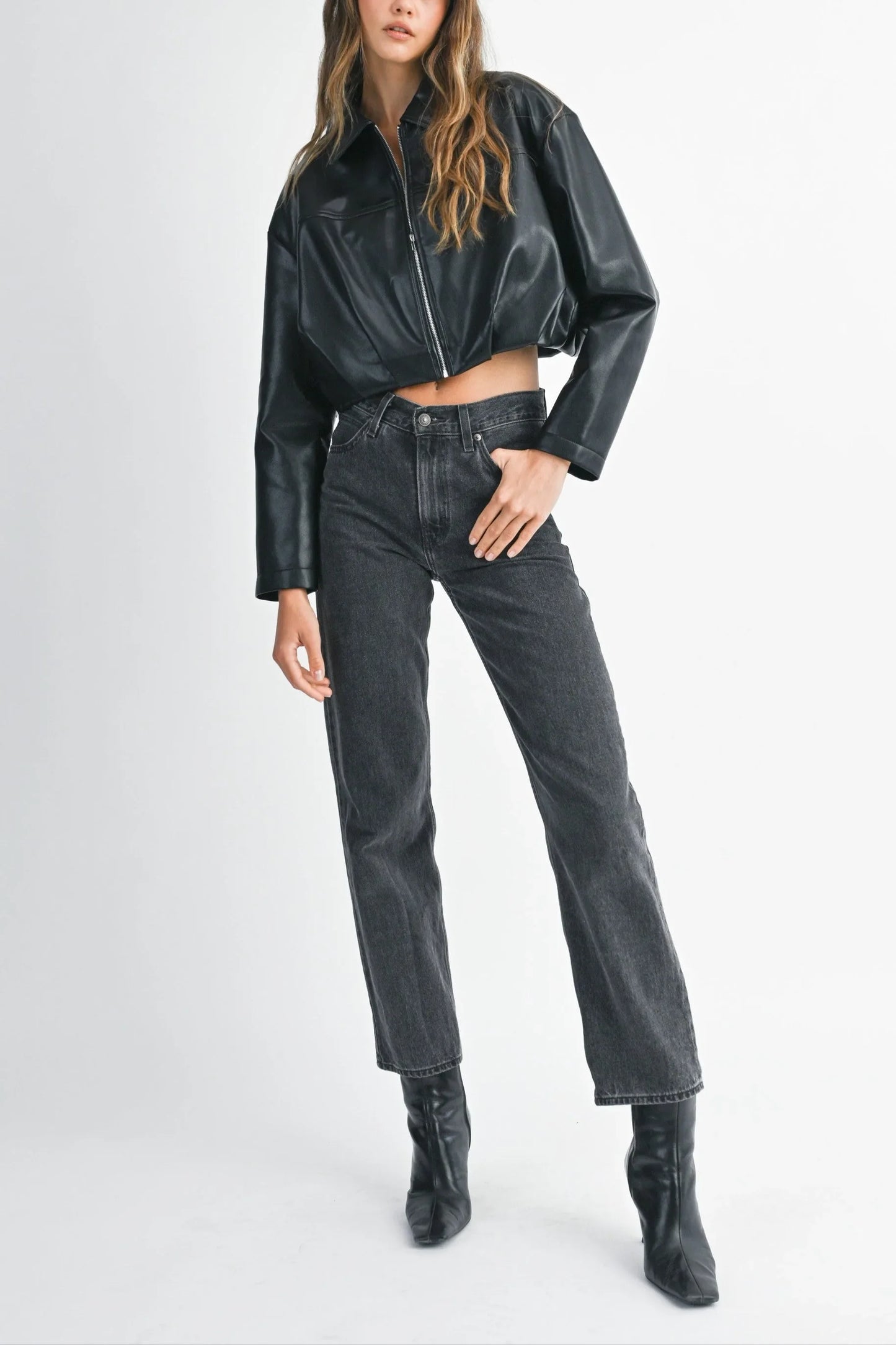 Faux Leather Pleated Hem Cropped Jacket