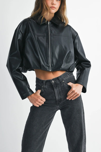 Faux Leather Pleated Hem Cropped Jacket Black