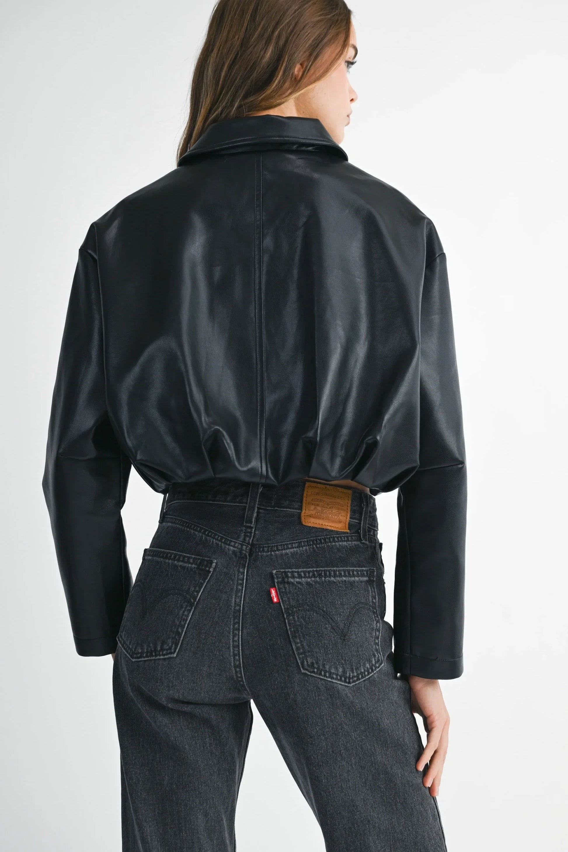 Faux Leather Pleated Hem Cropped Jacket