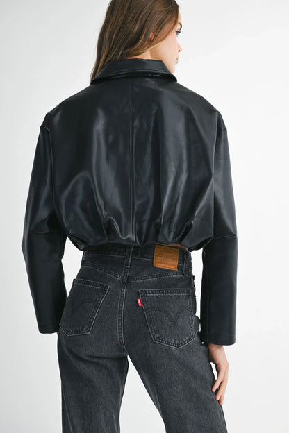 Faux Leather Pleated Hem Cropped Jacket