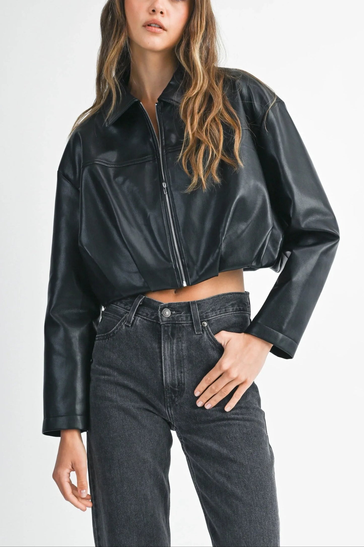 Faux Leather Pleated Hem Cropped Jacket