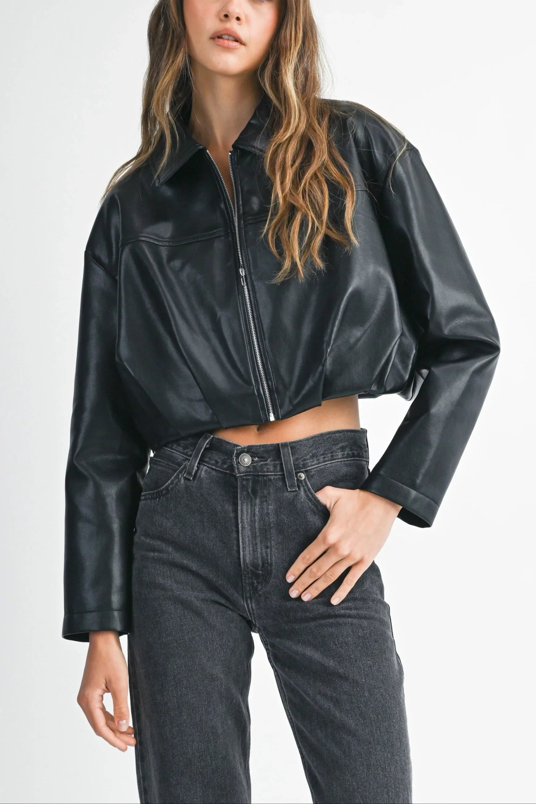 Faux Leather Pleated Hem Cropped Jacket